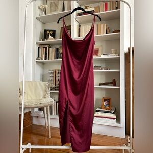 Burgundy Cowl Neck Slip Dress Slit Leg